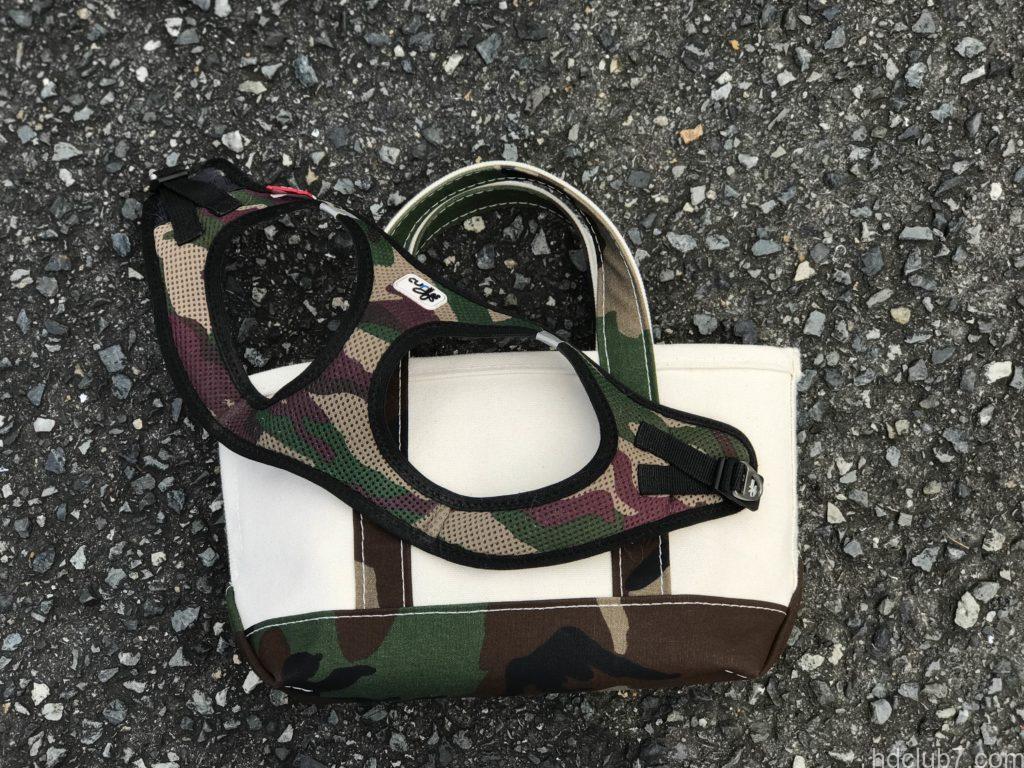 エルエルビーンのトートバッグミニのカモフラ柄とカーリーのハーネス