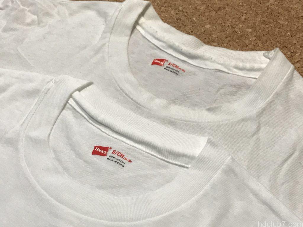 ヘインズのパックTシャツ赤色の新品と着古したものが並んでいる