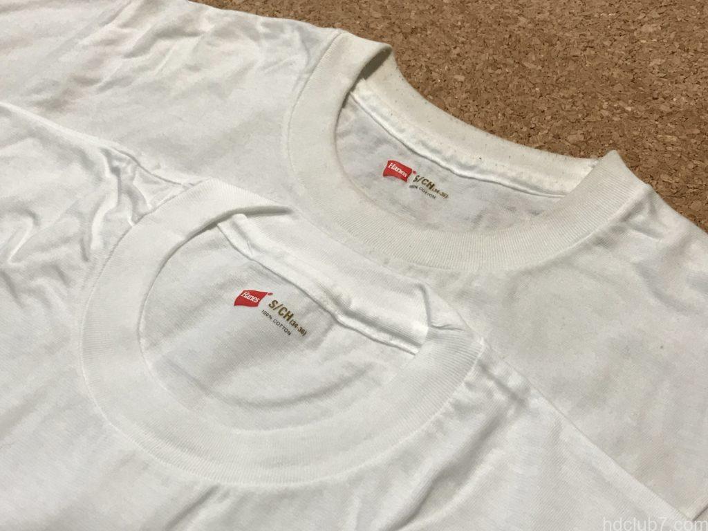 ヘインズのパックTシャツ金色の新品と着古したものが並んでいる