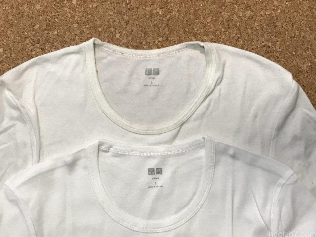 ユニクロのスーピマコットンTシャツの新品と着古しが並んでいる