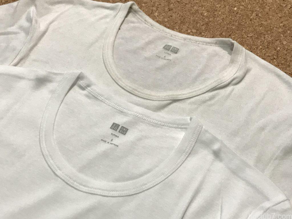 ユニクロのスーピマコットンTシャツの新品と着古しが並んでいる