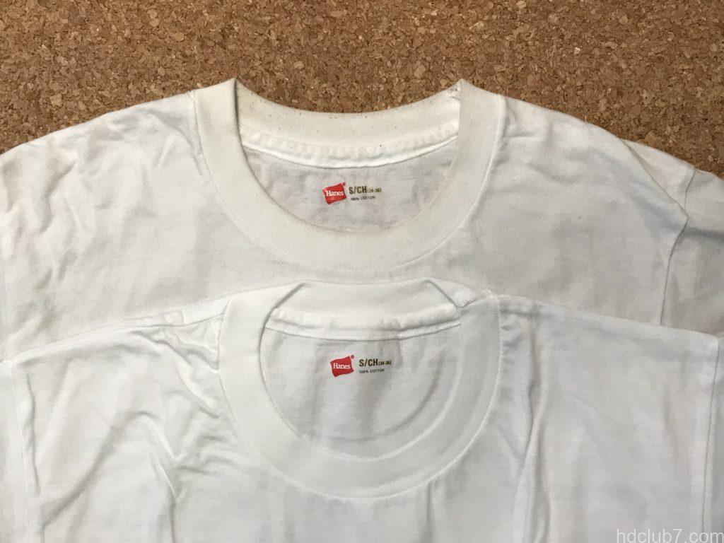 ヘインズのパックTシャツ金色の新品と着古したものが並んでいる