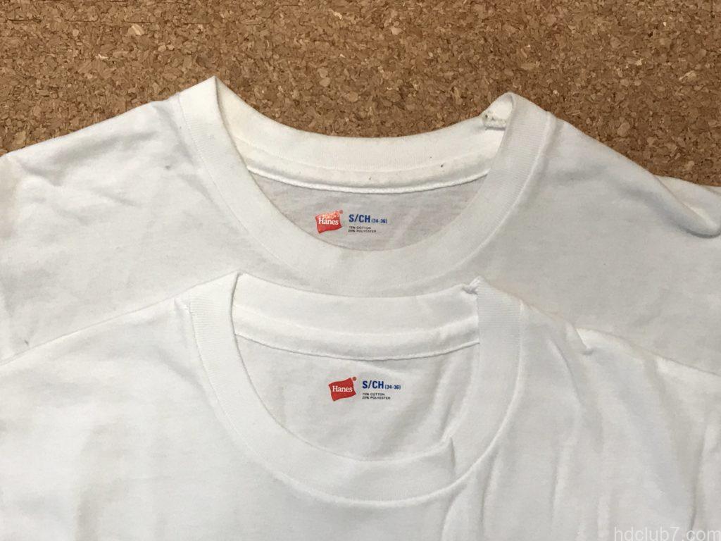 ヘインズのパックTシャツ青色の新品と着古したものが並んでいる