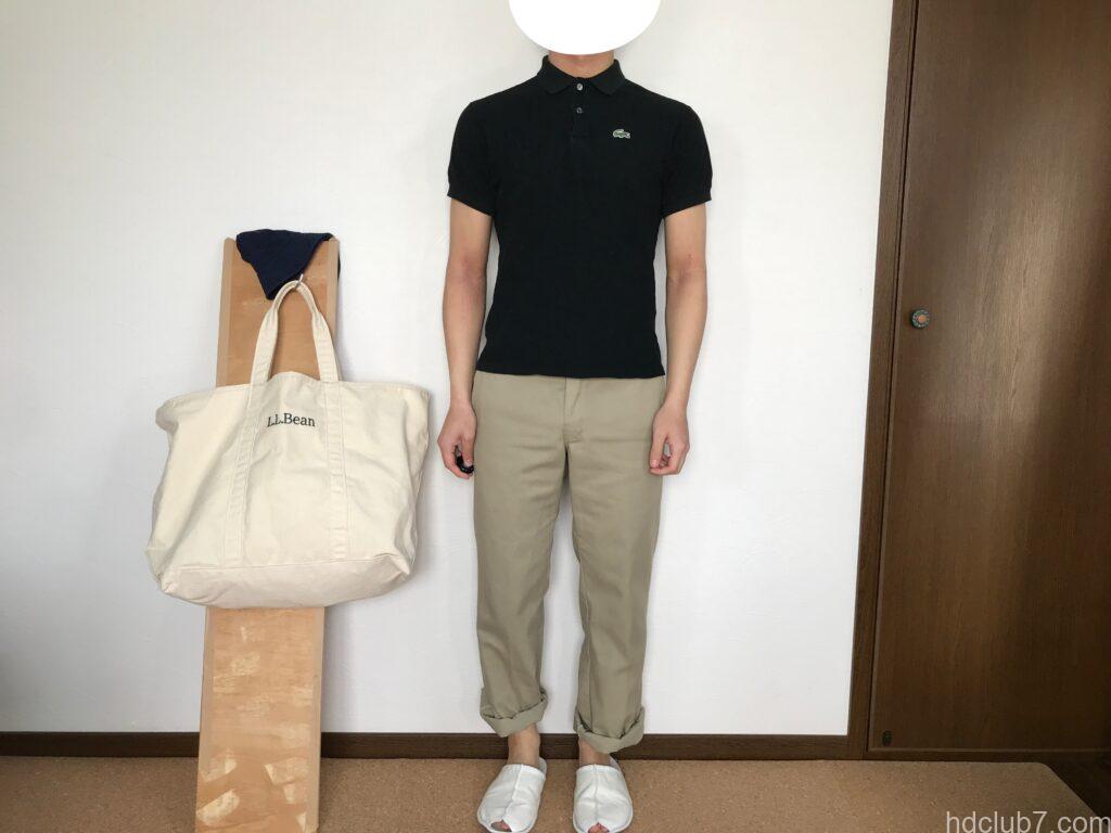 ラコステのボーイズのフランス製ポロシャツ5191Lとディッキーズ874を着た人