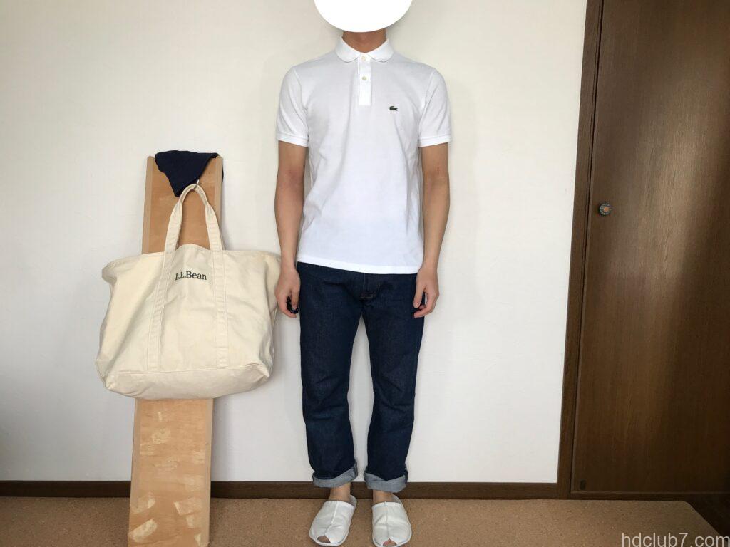 ラコステの半袖ポロシャツのボーイズモデルPJ2909のサイズ16とリーバイス501を着た人
