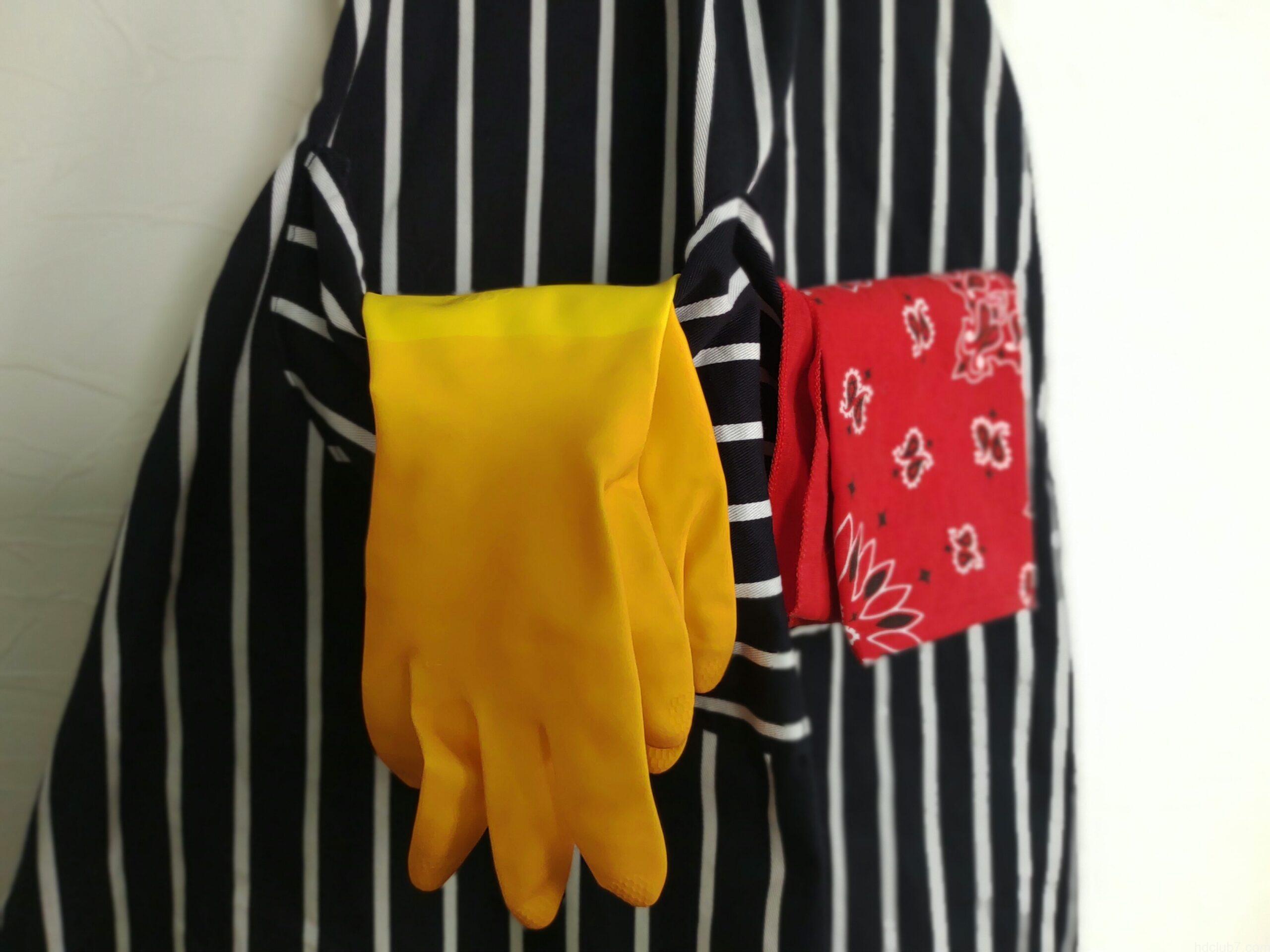 Rushbrookesのブッチャーズエプロンとマリーゴールドのゴム手袋とハバハンクのバンダナ